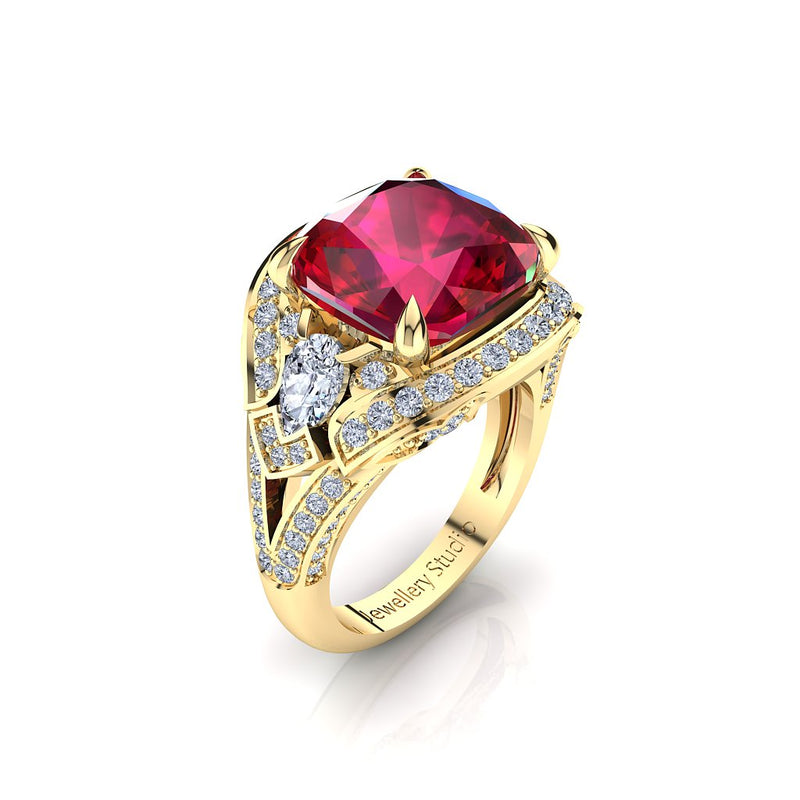 Ring with Cushion Cut Rubellite and Diamonds